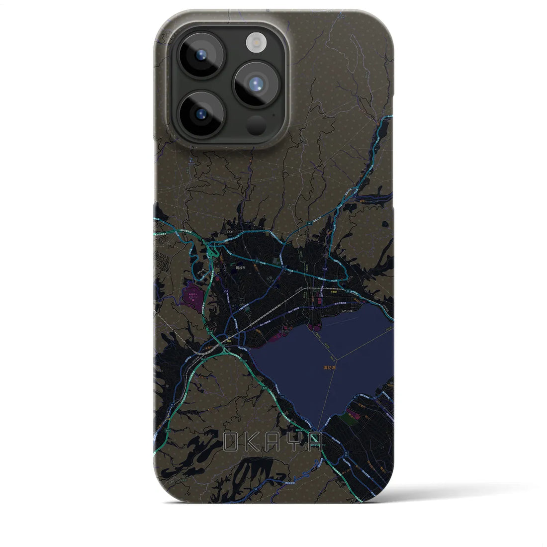 【岡谷】地図柄iPhoneケース（バックカバータイプ・ブラック）iPhone 15 Pro Max 用