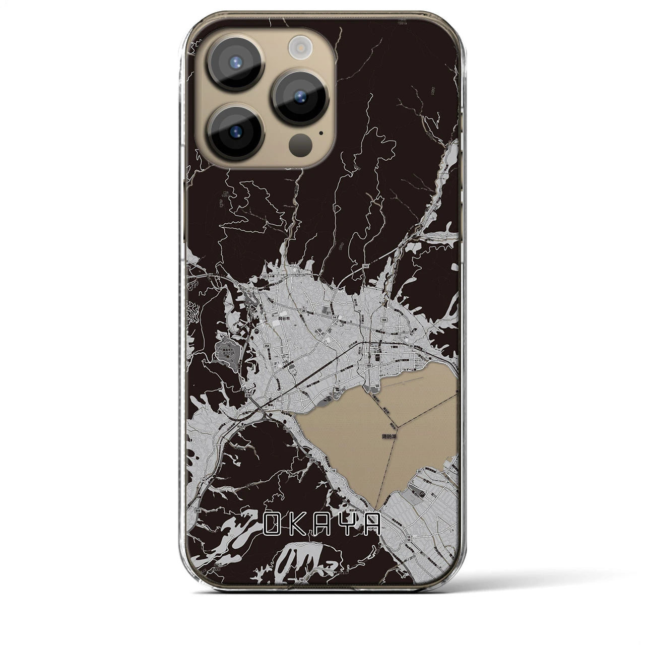 【岡谷】地図柄iPhoneケース（クリアタイプ・モノトーン）iPhone 14 Pro Max 用