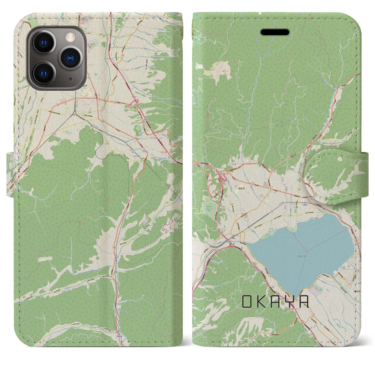 【岡谷】地図柄iPhoneケース（手帳両面タイプ・ナチュラル）iPhone 11 Pro Max 用