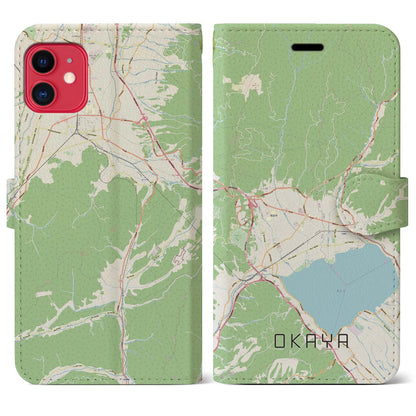 【岡谷（長野県）】地図柄iPhoneケース（手帳タイプ）ナチュラル・iPhone 11 用