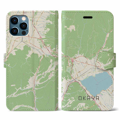 【岡谷（長野県）】地図柄iPhoneケース（手帳タイプ）ナチュラル・iPhone 12 / 12 Pro 用