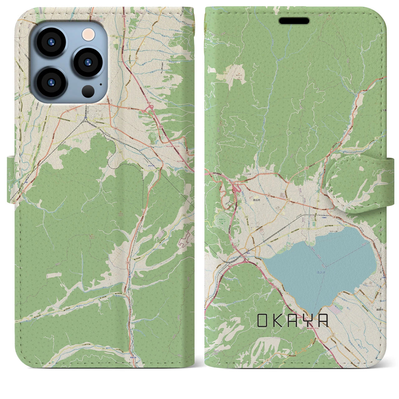 【岡谷】地図柄iPhoneケース（手帳両面タイプ・ナチュラル）iPhone 13 Pro Max 用