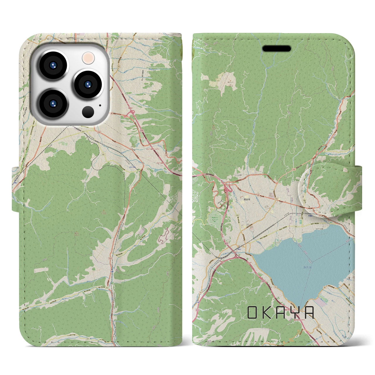 【岡谷】地図柄iPhoneケース（手帳両面タイプ・ナチュラル）iPhone 13 Pro 用