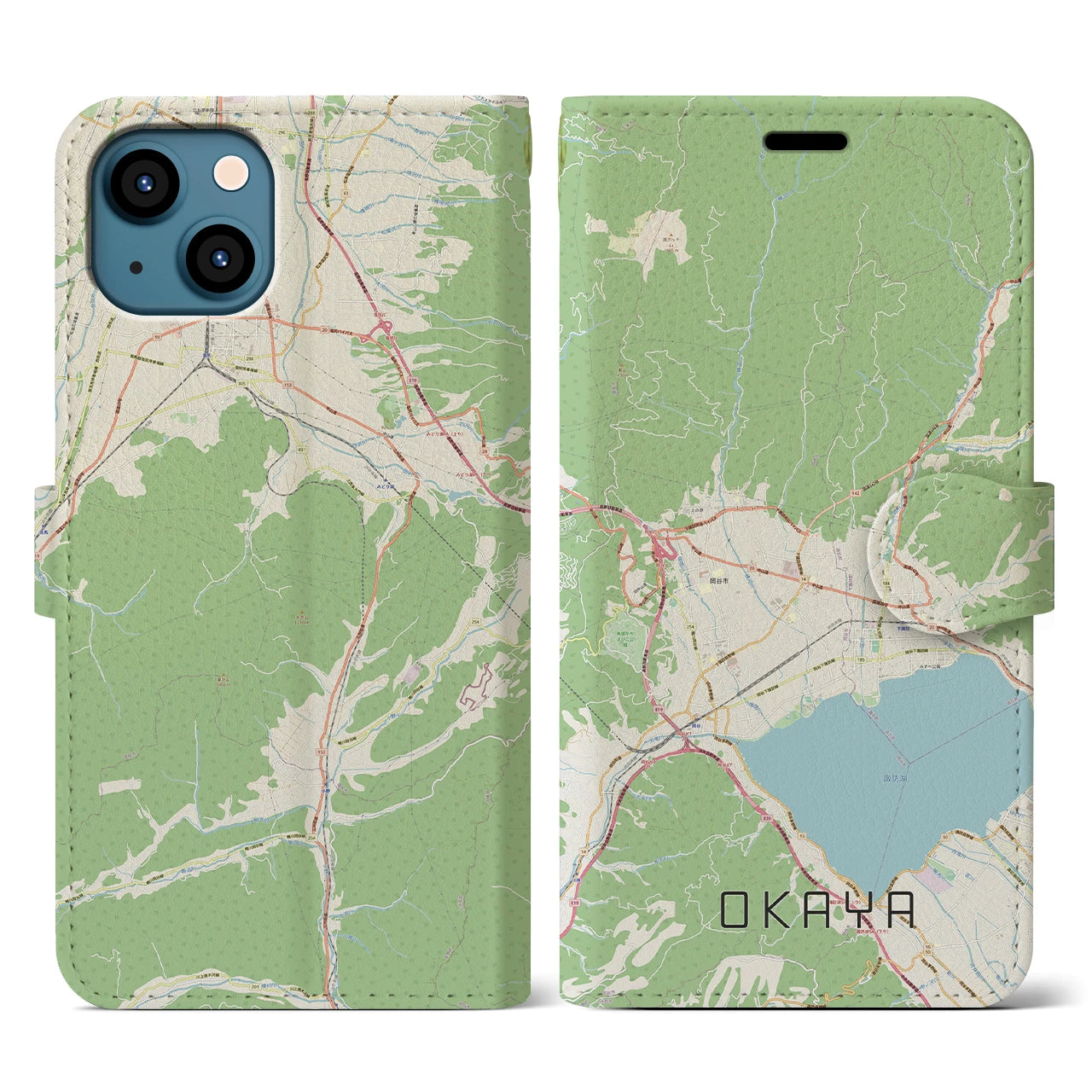 【岡谷】地図柄iPhoneケース（手帳両面タイプ・ナチュラル）iPhone 13 用