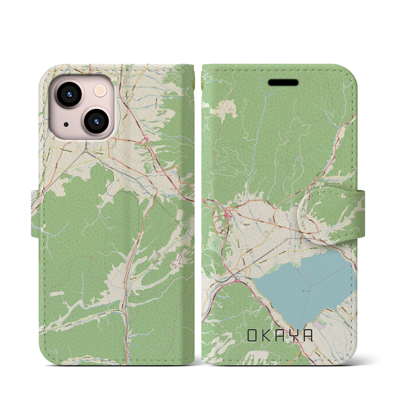 【岡谷】地図柄iPhoneケース（手帳両面タイプ・ナチュラル）iPhone 13 mini 用