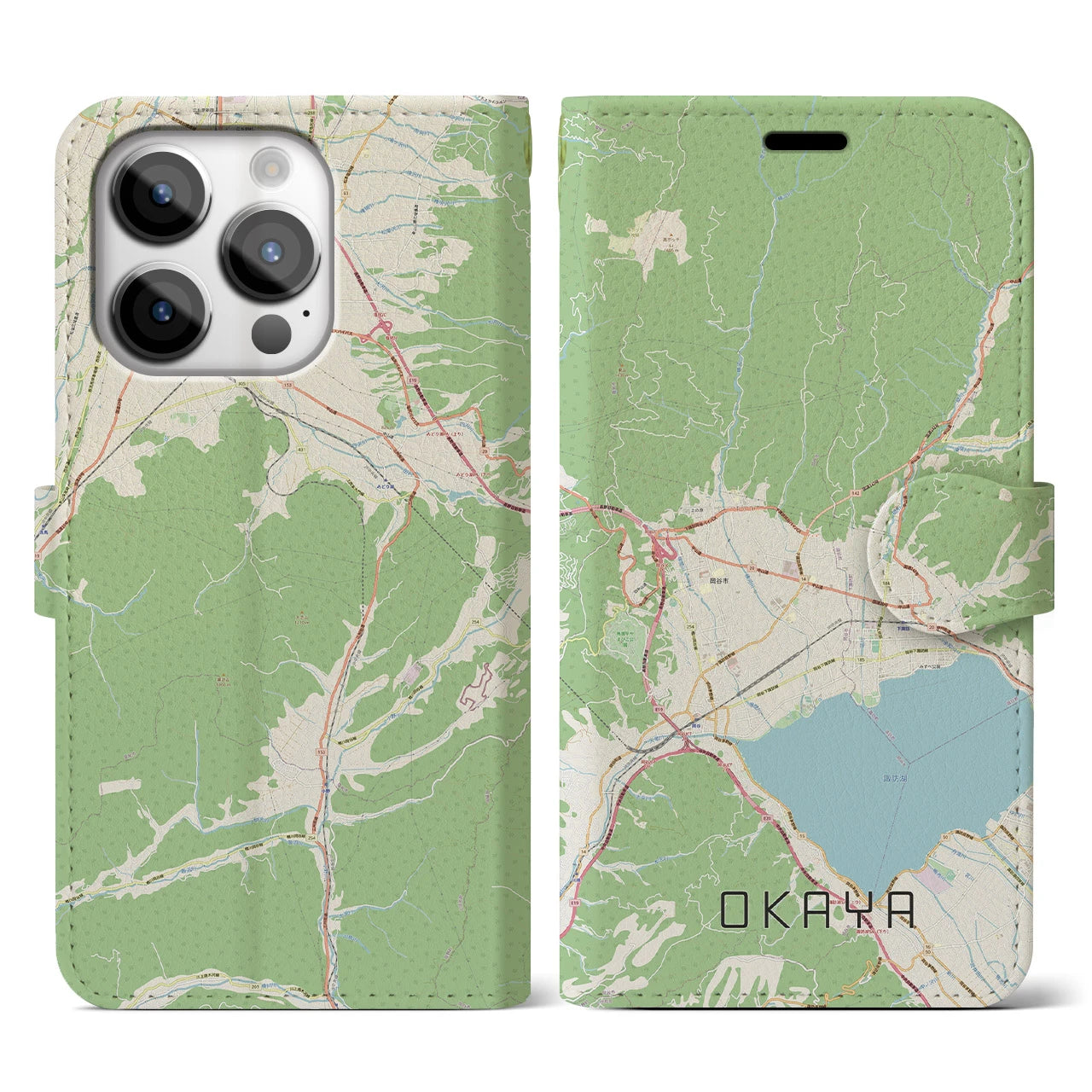 【岡谷】地図柄iPhoneケース（手帳両面タイプ・ナチュラル）iPhone 14 Pro 用