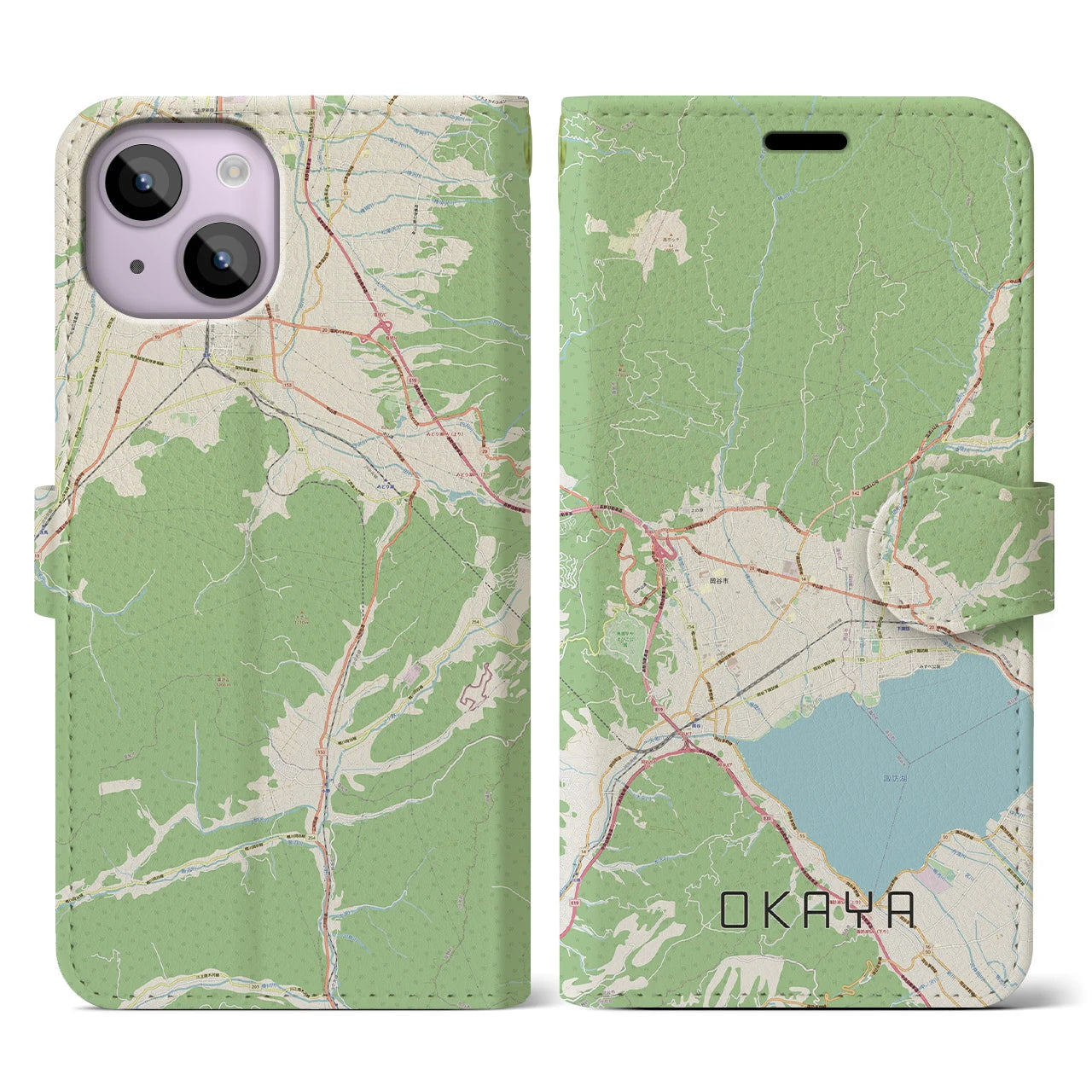 【岡谷】地図柄iPhoneケース（手帳両面タイプ・ナチュラル）iPhone 14 用