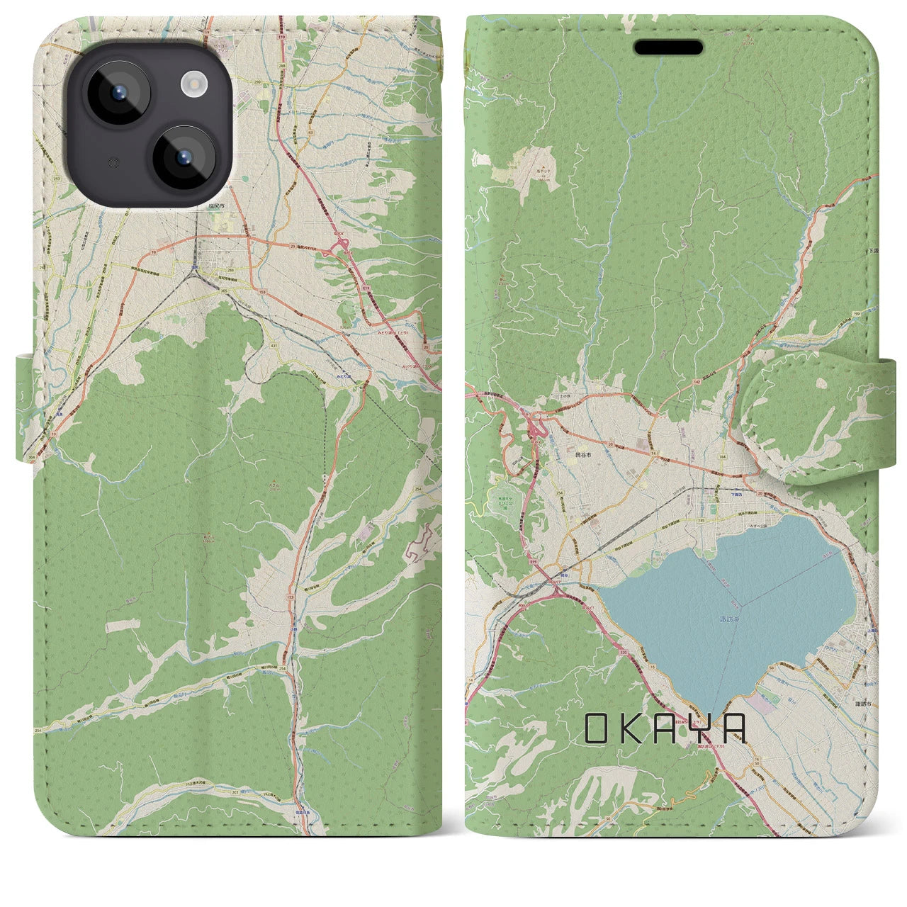 【岡谷】地図柄iPhoneケース（手帳両面タイプ・ナチュラル）iPhone 14 Plus 用