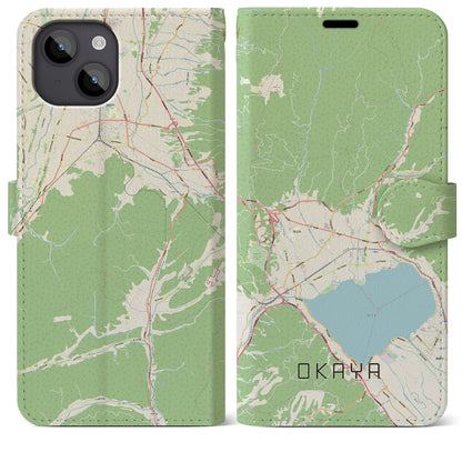【岡谷（長野県）】地図柄iPhoneケース（手帳タイプ）ナチュラル・iPhone 14 Plus 用