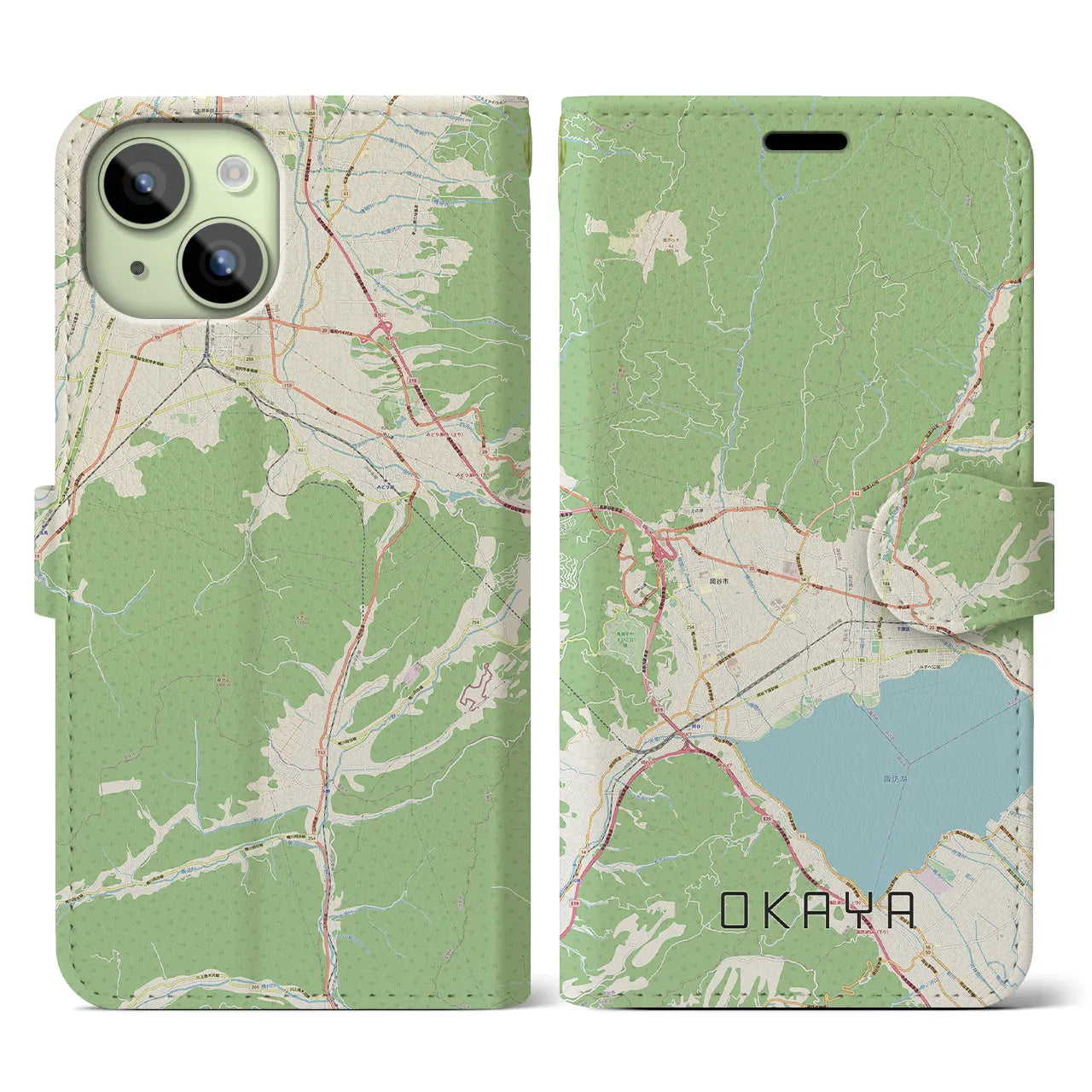 【岡谷】地図柄iPhoneケース（手帳両面タイプ・ナチュラル）iPhone 15 用