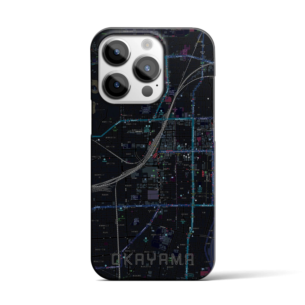 【岡山2】地図柄iPhoneケース（バックカバータイプ・ブラック）iPhone 14 Pro 用
