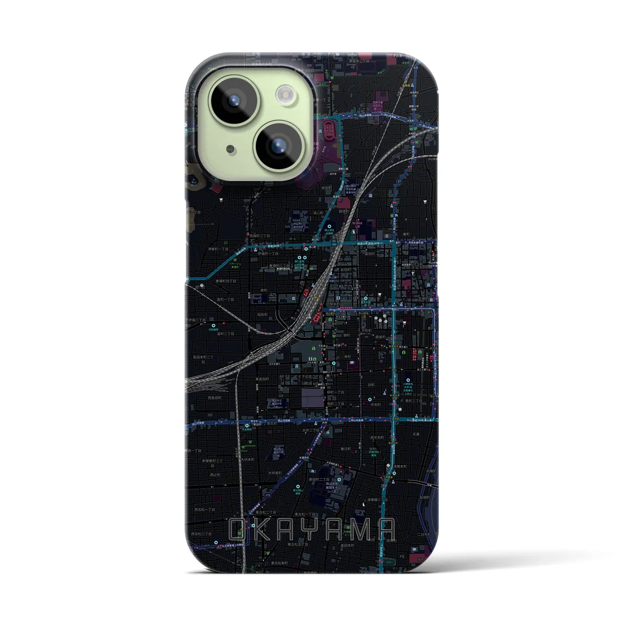 【岡山2】地図柄iPhoneケース（バックカバータイプ・ブラック）iPhone 15 用