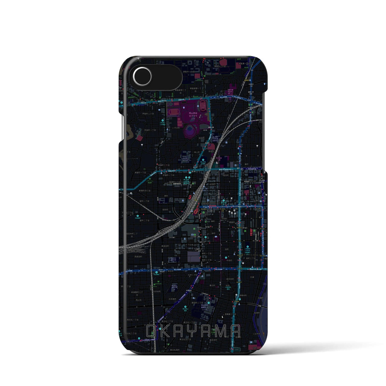 【岡山2】地図柄iPhoneケース（バックカバータイプ・ブラック）iPhone SE（第3 / 第2世代） / 8 / 7 / 6s / 6 用