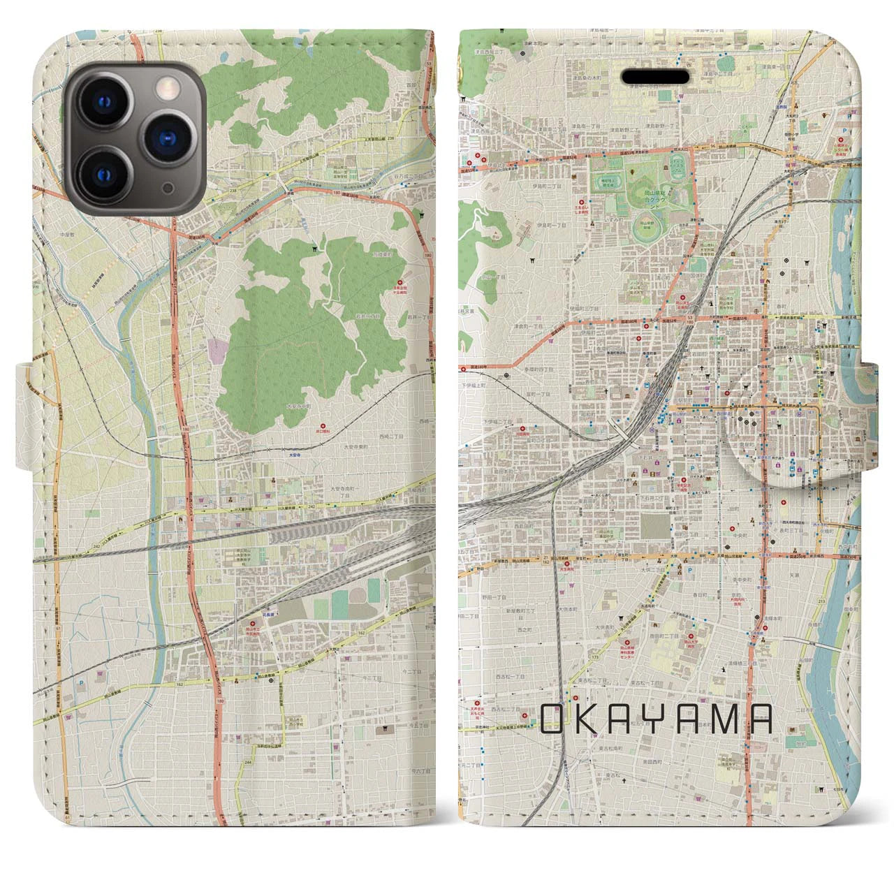 【岡山2】地図柄iPhoneケース（手帳両面タイプ・ナチュラル）iPhone 11 Pro Max 用