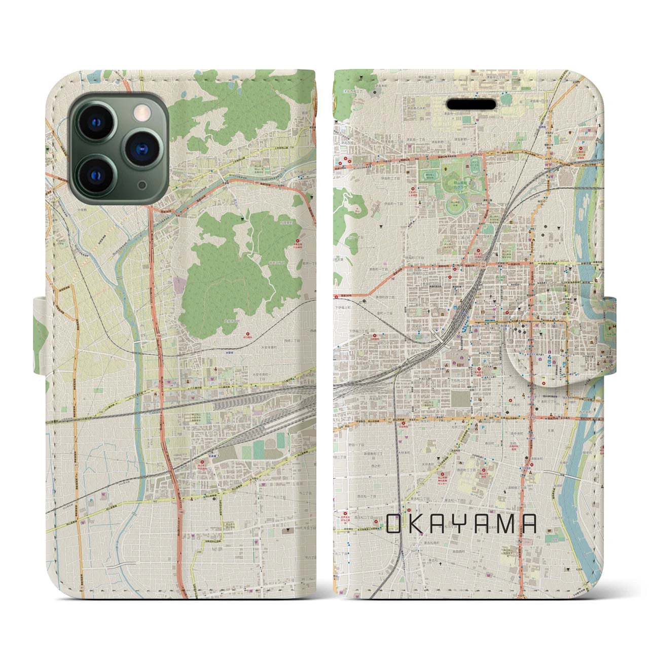 【岡山2】地図柄iPhoneケース（手帳両面タイプ・ナチュラル）iPhone 11 Pro 用