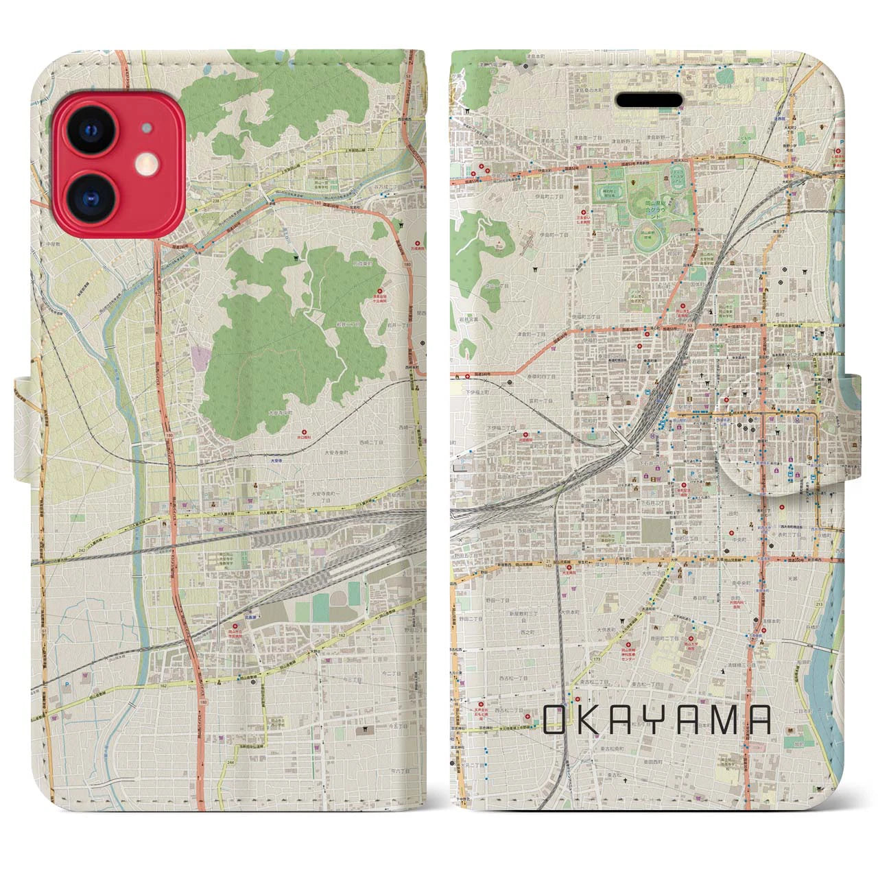 【岡山2】地図柄iPhoneケース（手帳両面タイプ・ナチュラル）iPhone 11 用