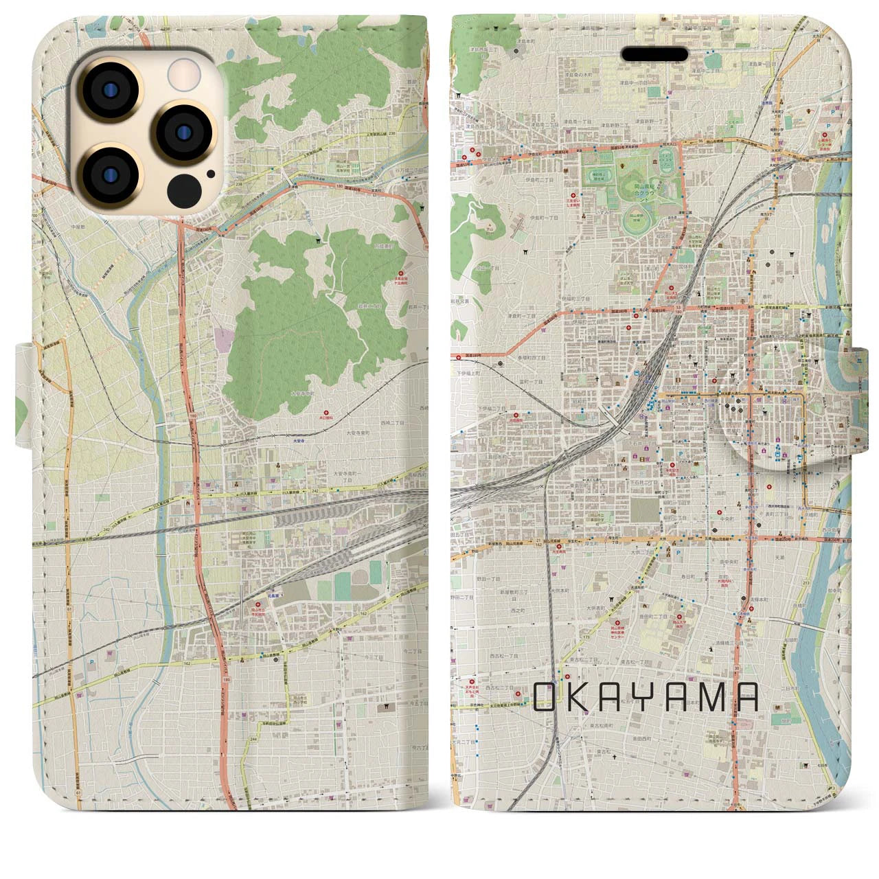【岡山2】地図柄iPhoneケース（手帳両面タイプ・ナチュラル）iPhone 12 Pro Max 用