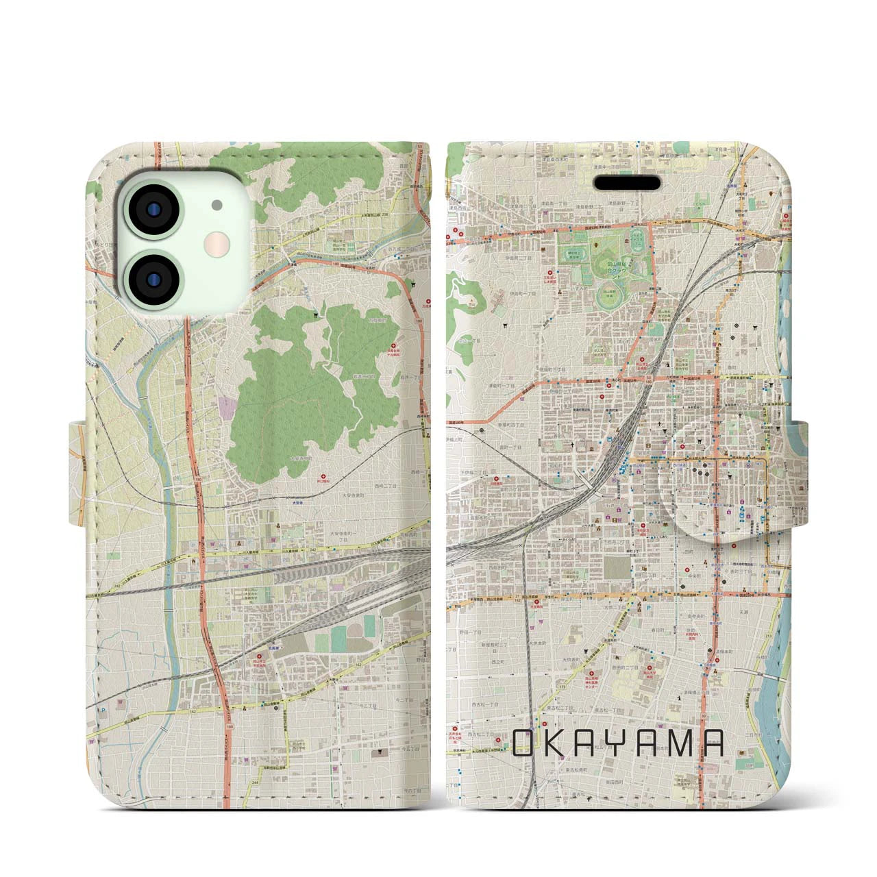 【岡山2】地図柄iPhoneケース（手帳両面タイプ・ナチュラル）iPhone 12 mini 用