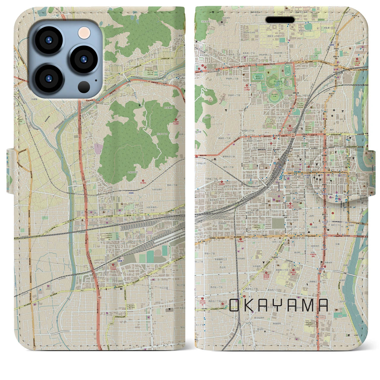 【岡山2】地図柄iPhoneケース（手帳両面タイプ・ナチュラル）iPhone 13 Pro Max 用