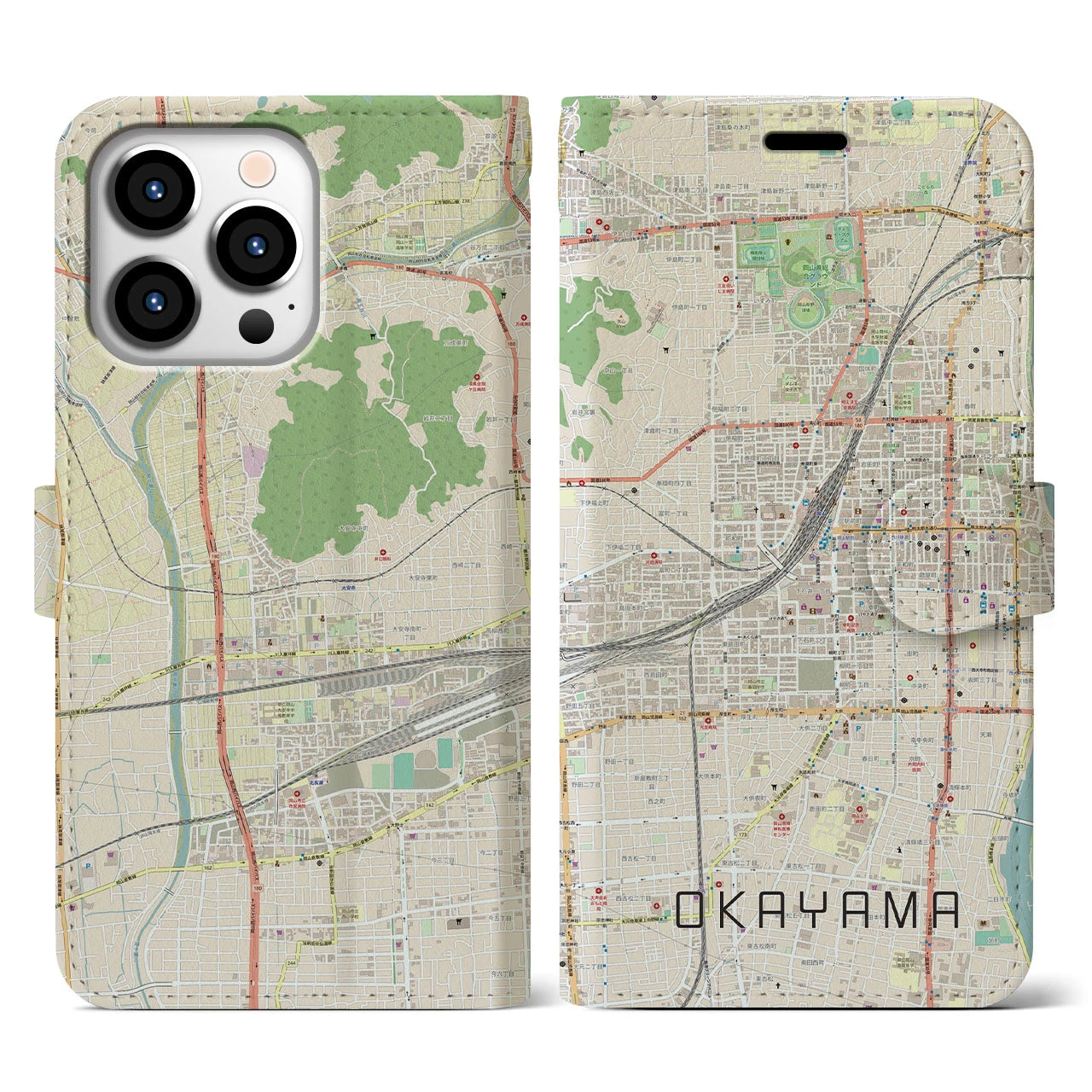 【岡山2】地図柄iPhoneケース（手帳両面タイプ・ナチュラル）iPhone 13 Pro 用