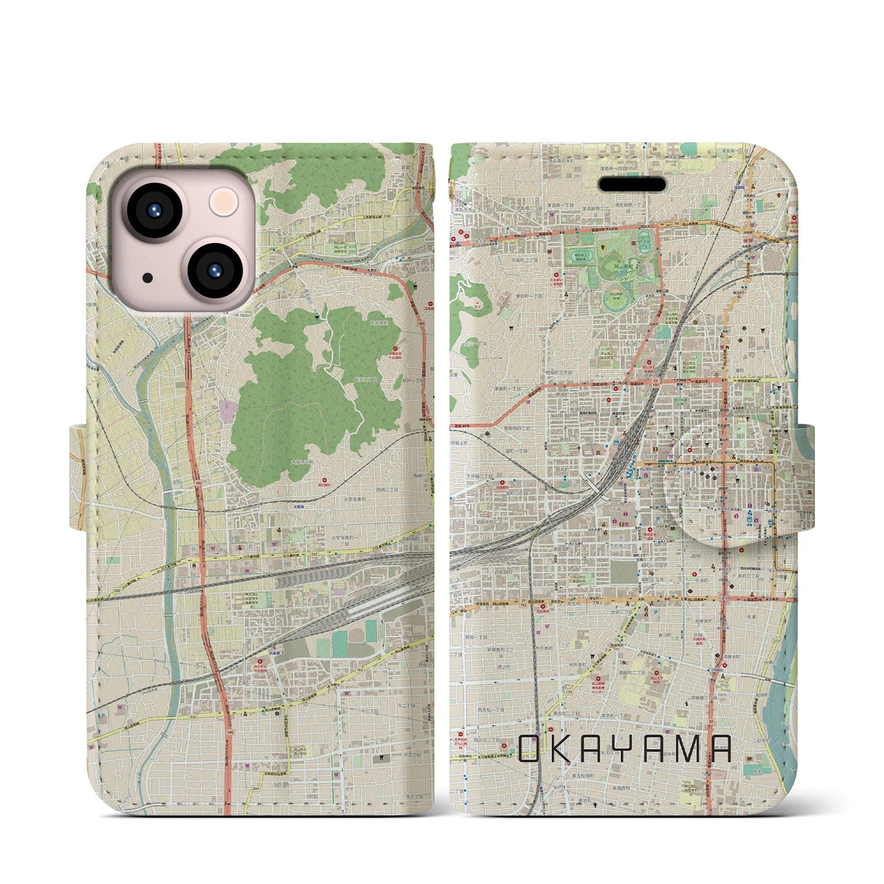 【岡山2】地図柄iPhoneケース（手帳両面タイプ・ナチュラル）iPhone 13 mini 用
