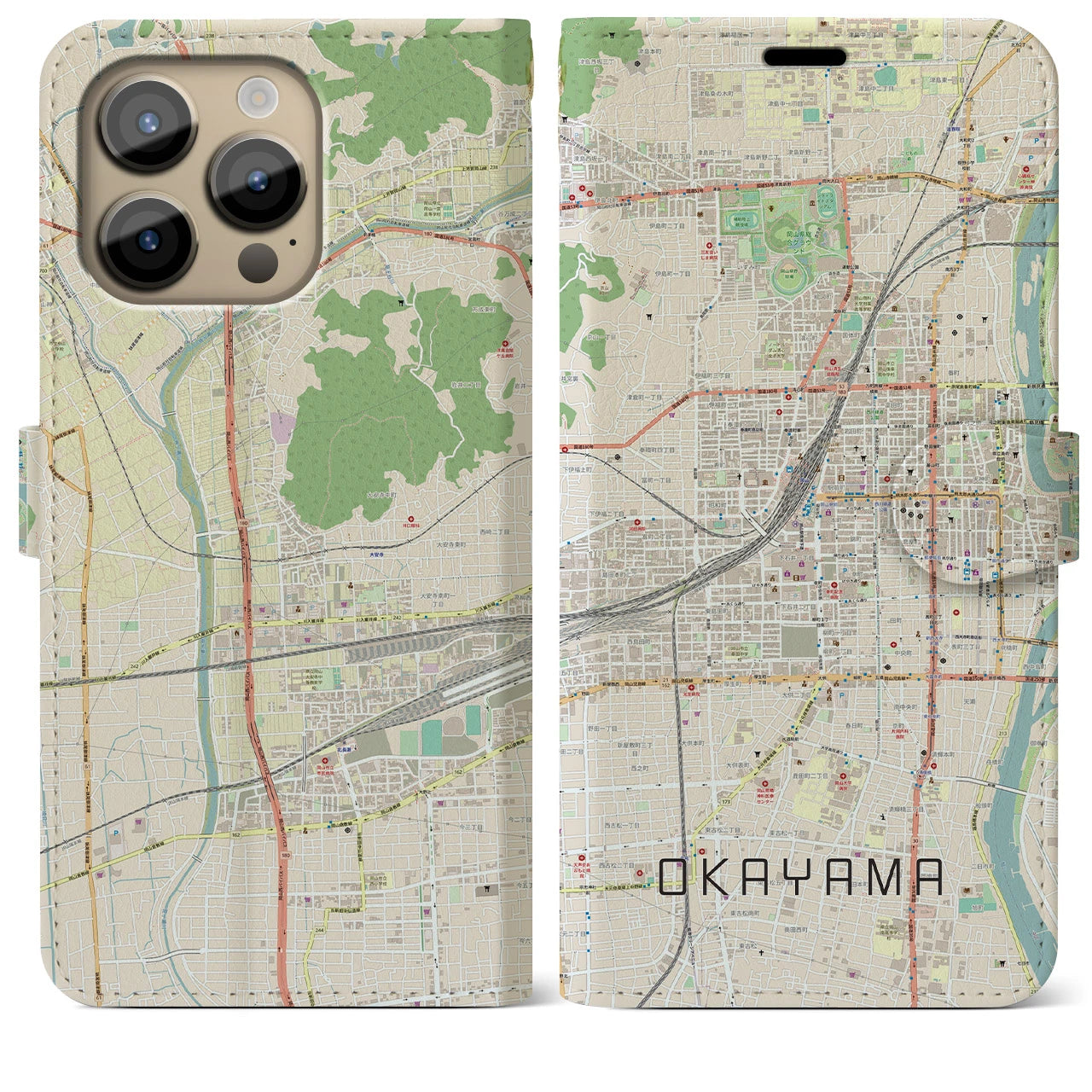 【岡山2】地図柄iPhoneケース（手帳両面タイプ・ナチュラル）iPhone 14 Pro Max 用