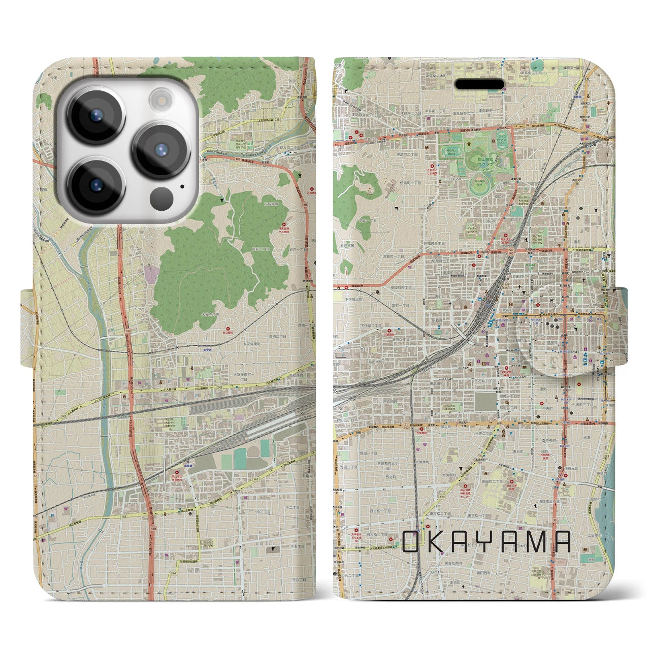 【岡山2】地図柄iPhoneケース（手帳両面タイプ・ナチュラル）iPhone 14 Pro 用