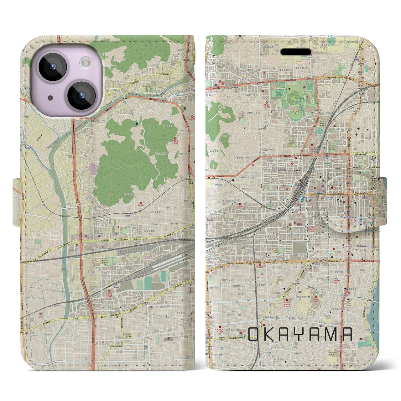 【岡山2】地図柄iPhoneケース（手帳両面タイプ・ナチュラル）iPhone 14 用