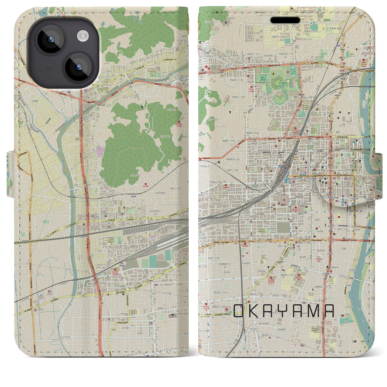【岡山2】地図柄iPhoneケース（手帳両面タイプ・ナチュラル）iPhone 14 Plus 用