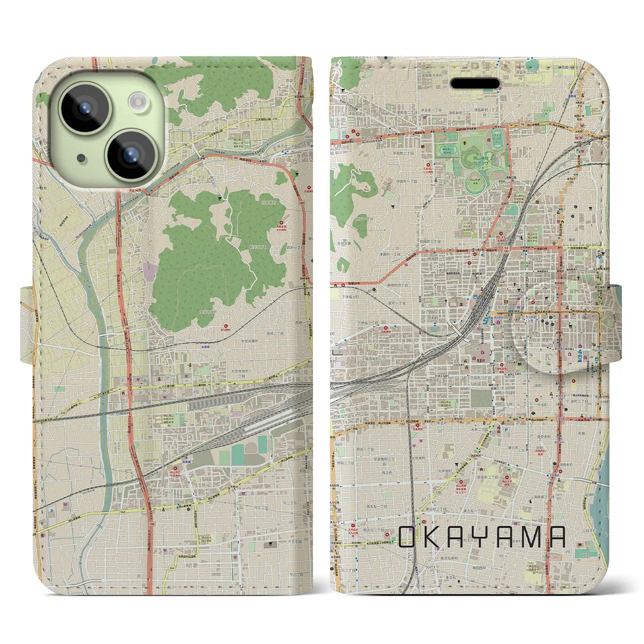【岡山2】地図柄iPhoneケース（手帳両面タイプ・ナチュラル）iPhone 15 用