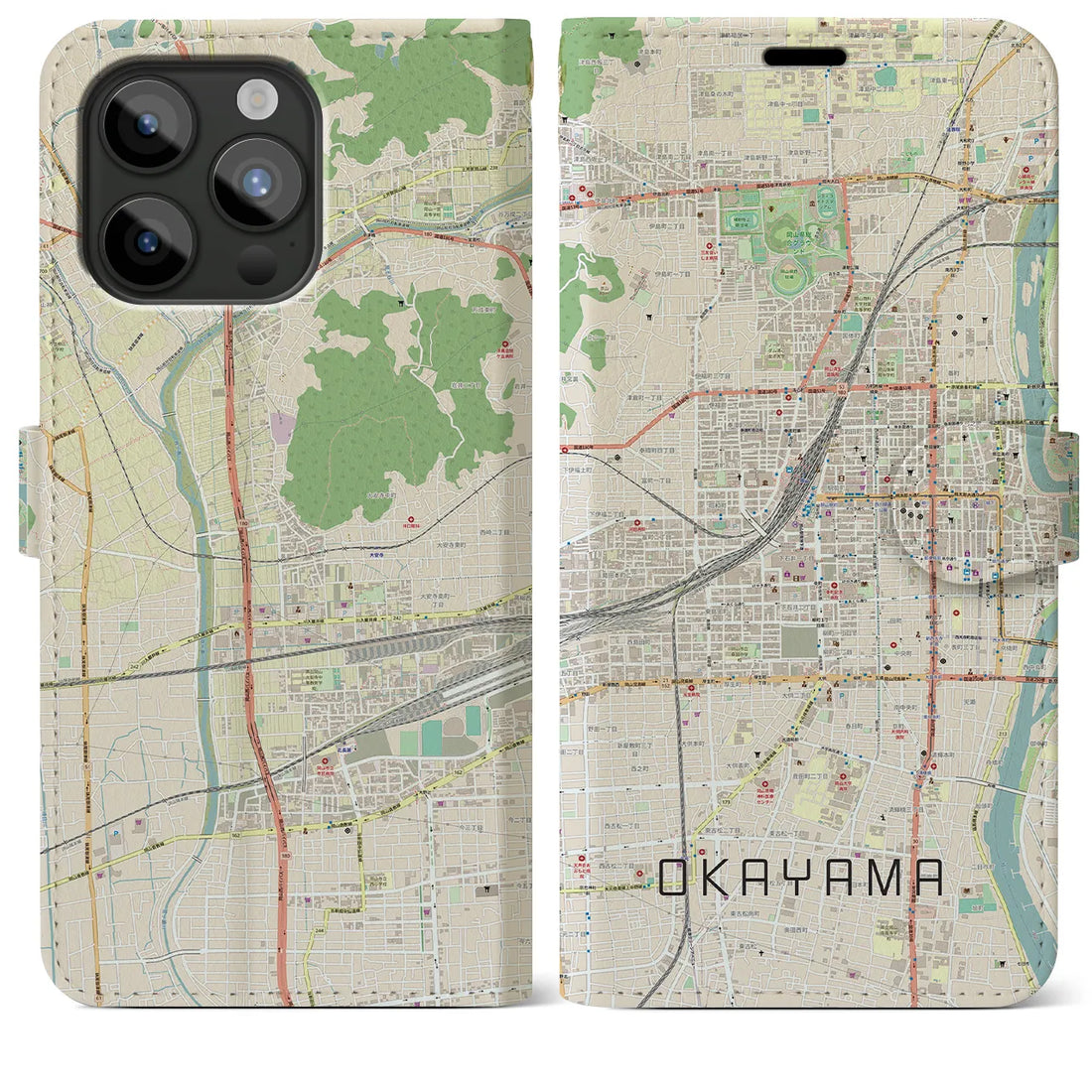 【岡山2】地図柄iPhoneケース（手帳両面タイプ・ナチュラル）iPhone 15 Pro Max 用