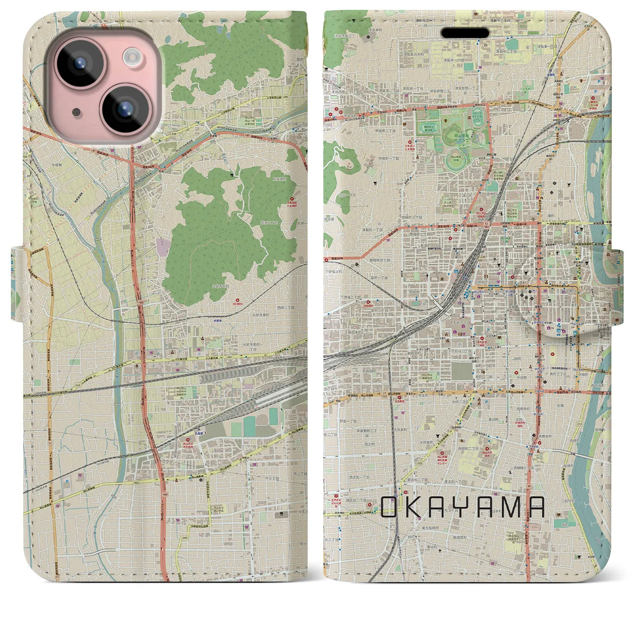 【岡山2】地図柄iPhoneケース（手帳両面タイプ・ナチュラル）iPhone 15 Plus 用