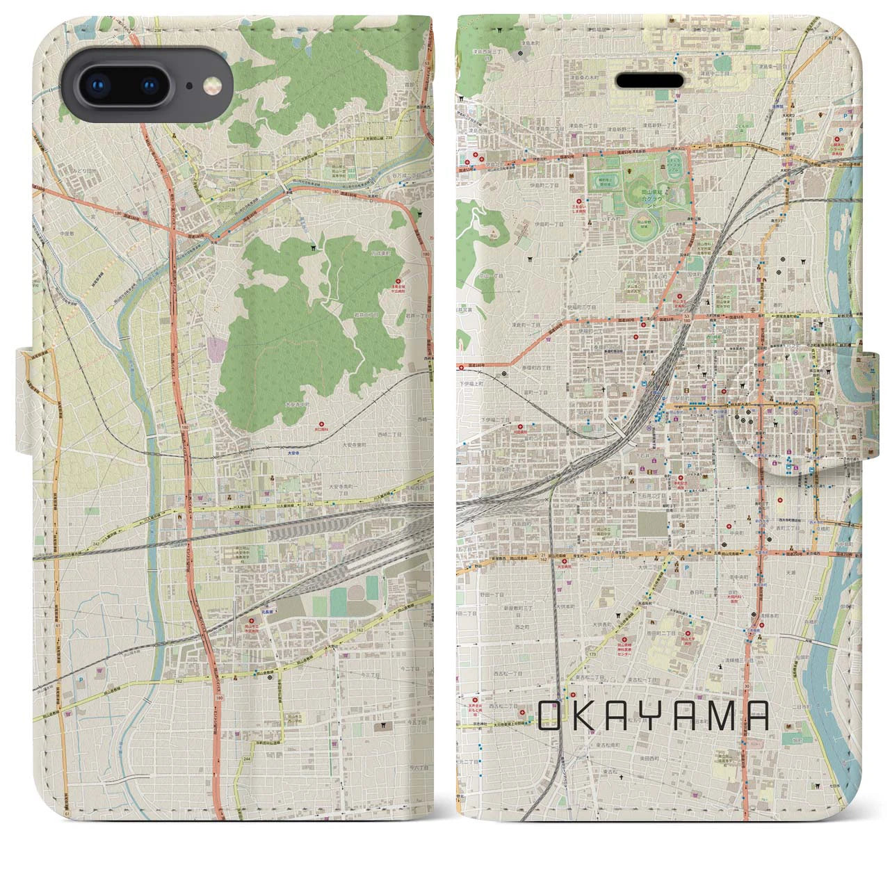 【岡山2】地図柄iPhoneケース（手帳両面タイプ・ナチュラル）iPhone 8Plus /7Plus / 6sPlus / 6Plus 用