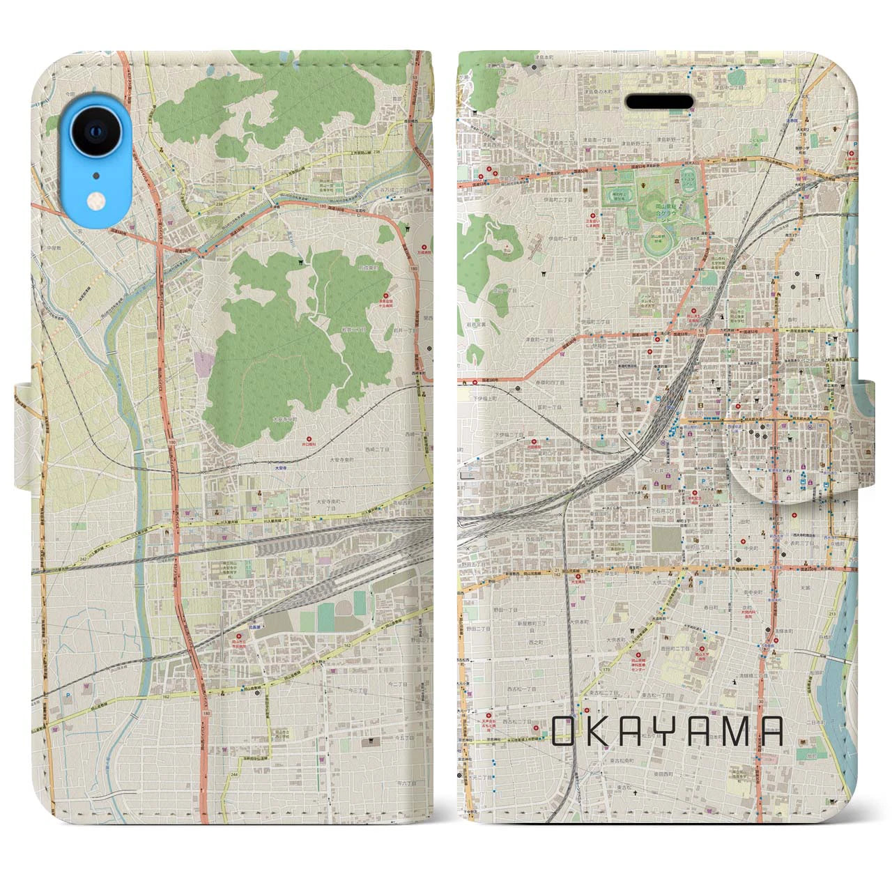 【岡山2】地図柄iPhoneケース（手帳両面タイプ・ナチュラル）iPhone XR 用