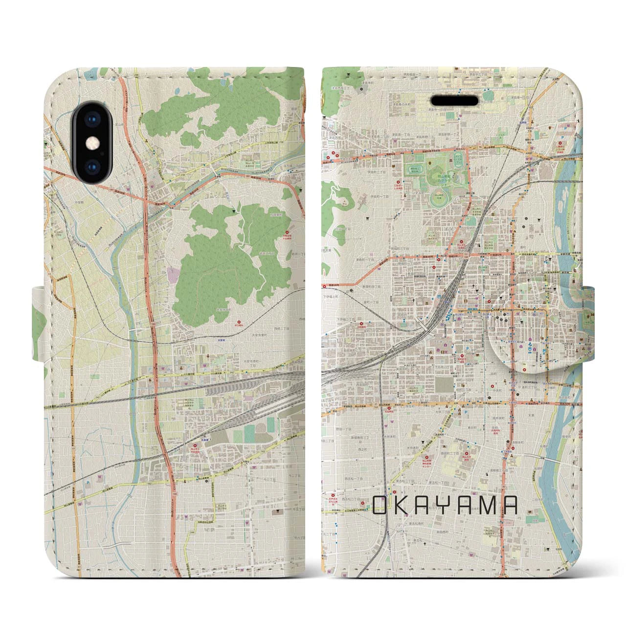 【岡山2】地図柄iPhoneケース（手帳両面タイプ・ナチュラル）iPhone XS / X 用