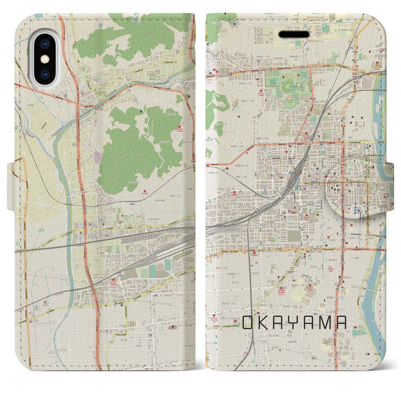 【岡山2】地図柄iPhoneケース（手帳両面タイプ・ナチュラル）iPhone XS Max 用