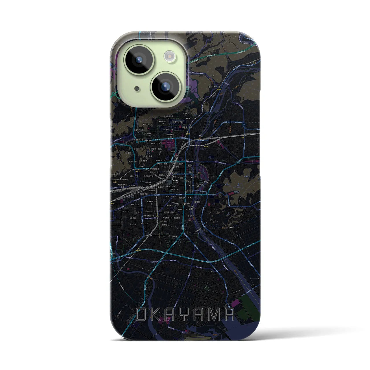 【岡山】地図柄iPhoneケース（バックカバータイプ・ブラック）iPhone 15 用
