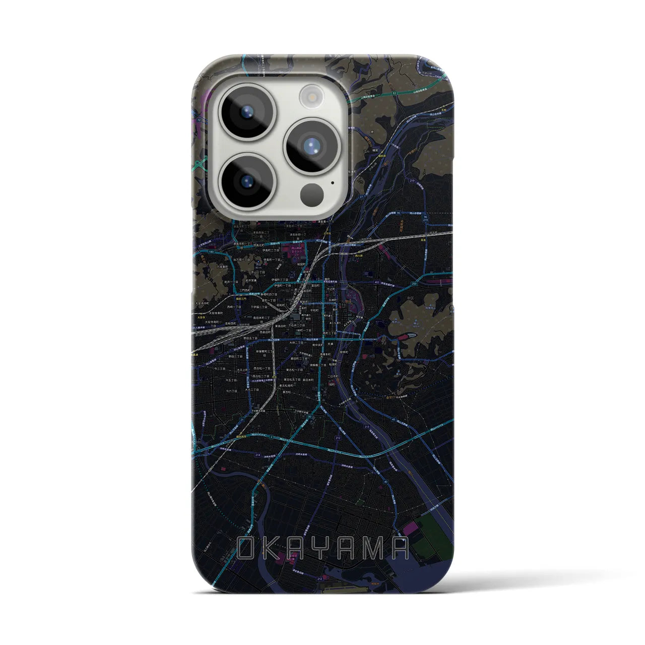【岡山】地図柄iPhoneケース（バックカバータイプ・ブラック）iPhone 15 Pro 用