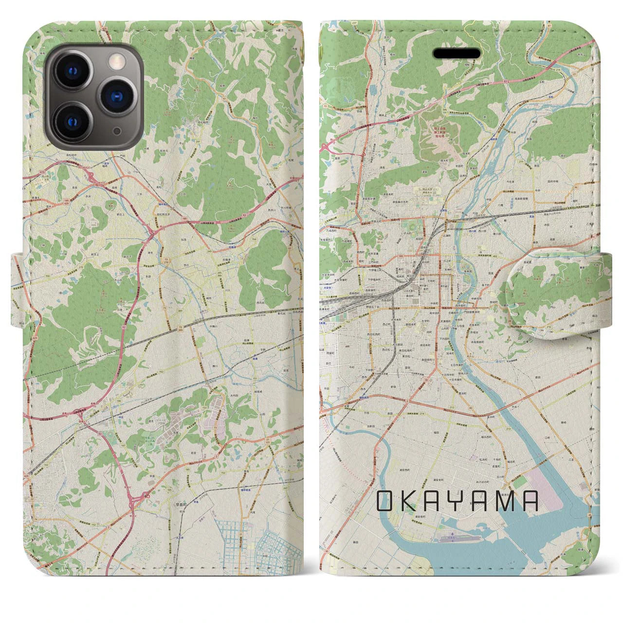 【岡山】地図柄iPhoneケース（手帳両面タイプ・ナチュラル）iPhone 11 Pro Max 用
