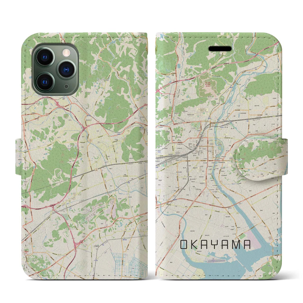 【岡山】地図柄iPhoneケース（手帳両面タイプ・ナチュラル）iPhone 11 Pro 用
