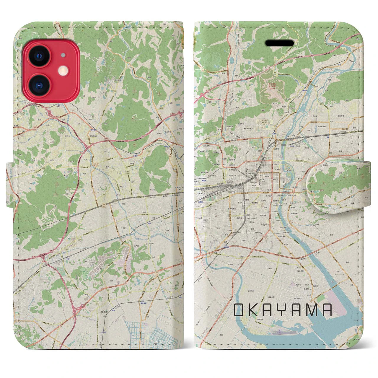 【岡山】地図柄iPhoneケース（手帳両面タイプ・ナチュラル）iPhone 11 用