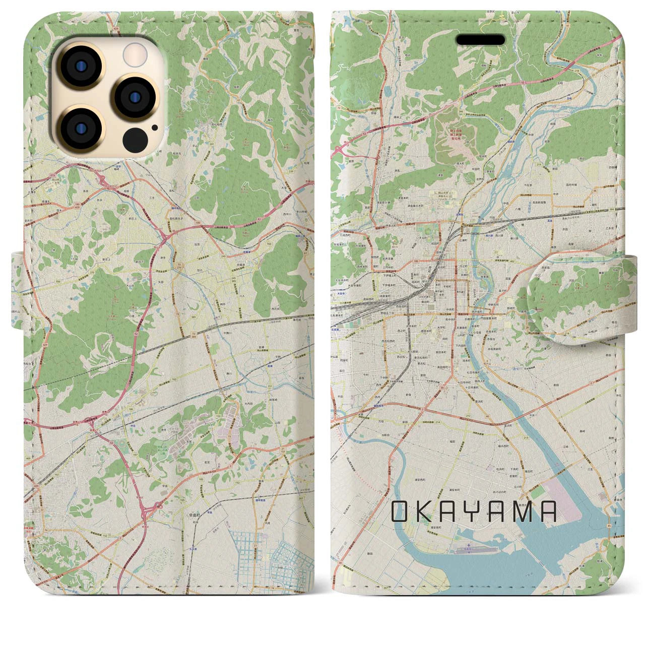 【岡山】地図柄iPhoneケース（手帳両面タイプ・ナチュラル）iPhone 12 Pro Max 用