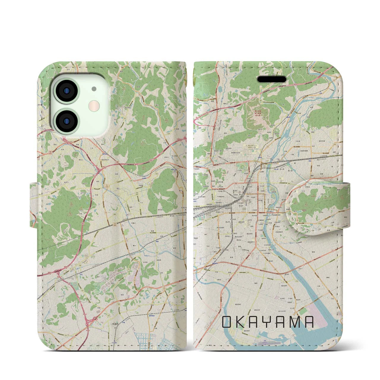 【岡山】地図柄iPhoneケース（手帳両面タイプ・ナチュラル）iPhone 12 mini 用