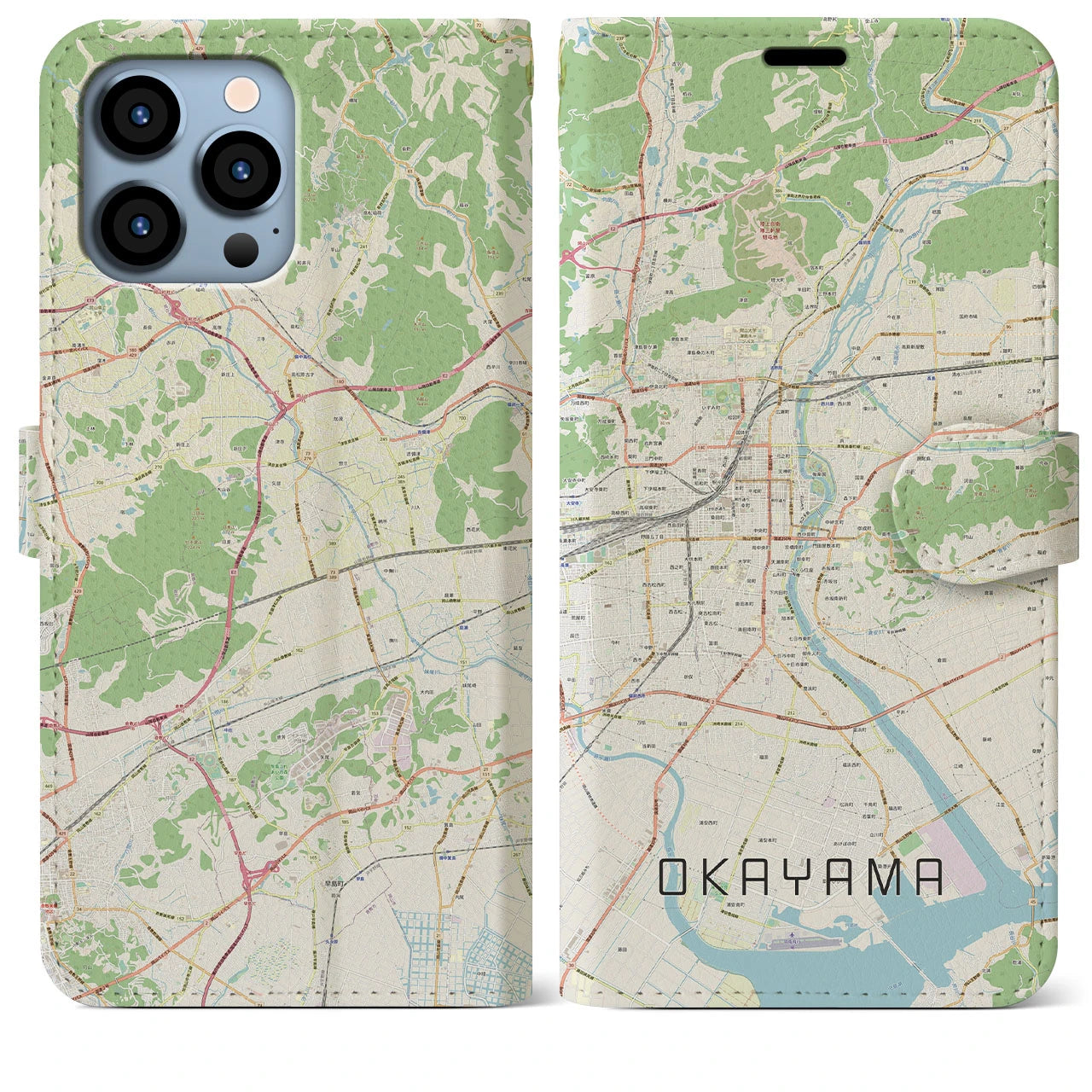 【岡山】地図柄iPhoneケース（手帳両面タイプ・ナチュラル）iPhone 13 Pro Max 用