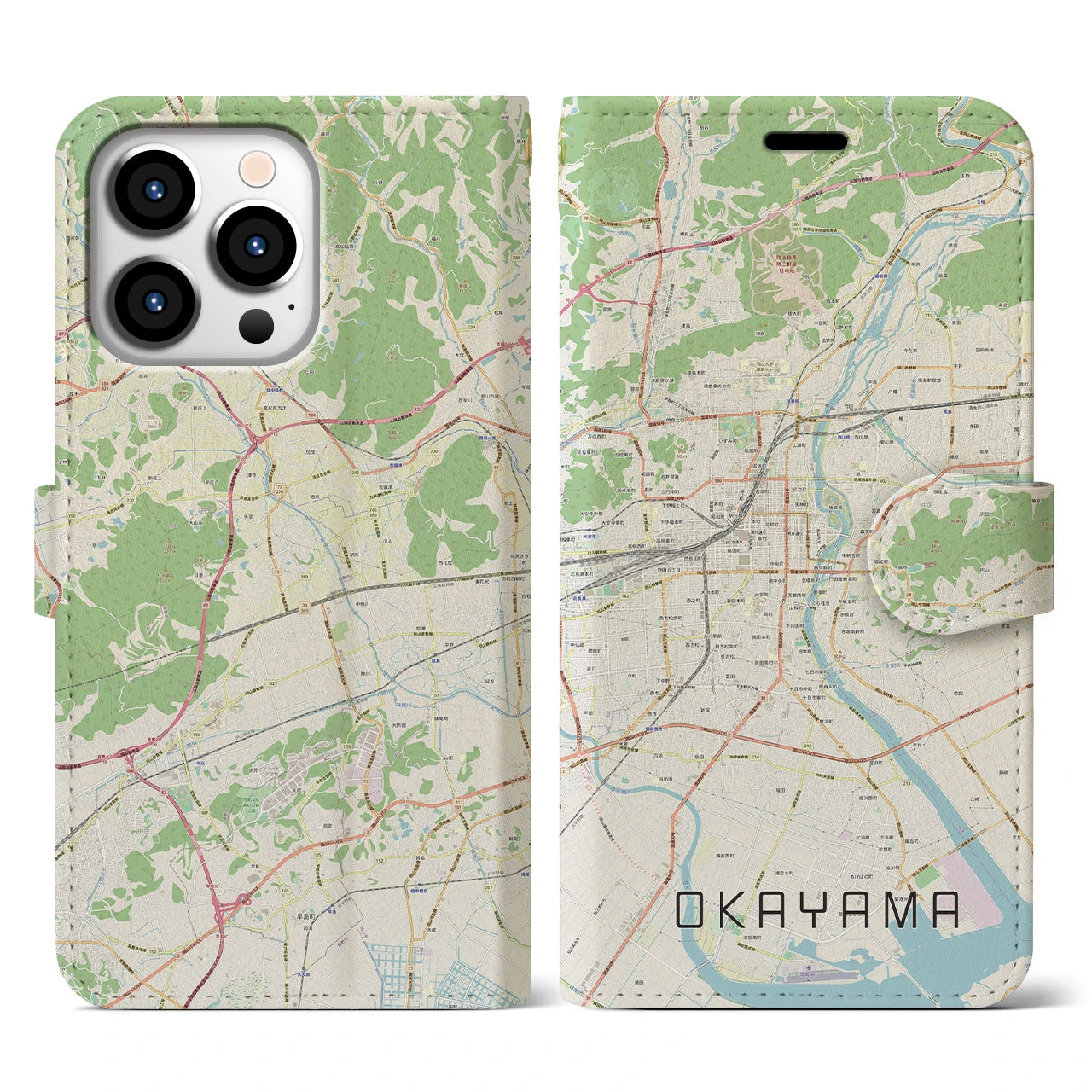【岡山】地図柄iPhoneケース（手帳両面タイプ・ナチュラル）iPhone 13 Pro 用