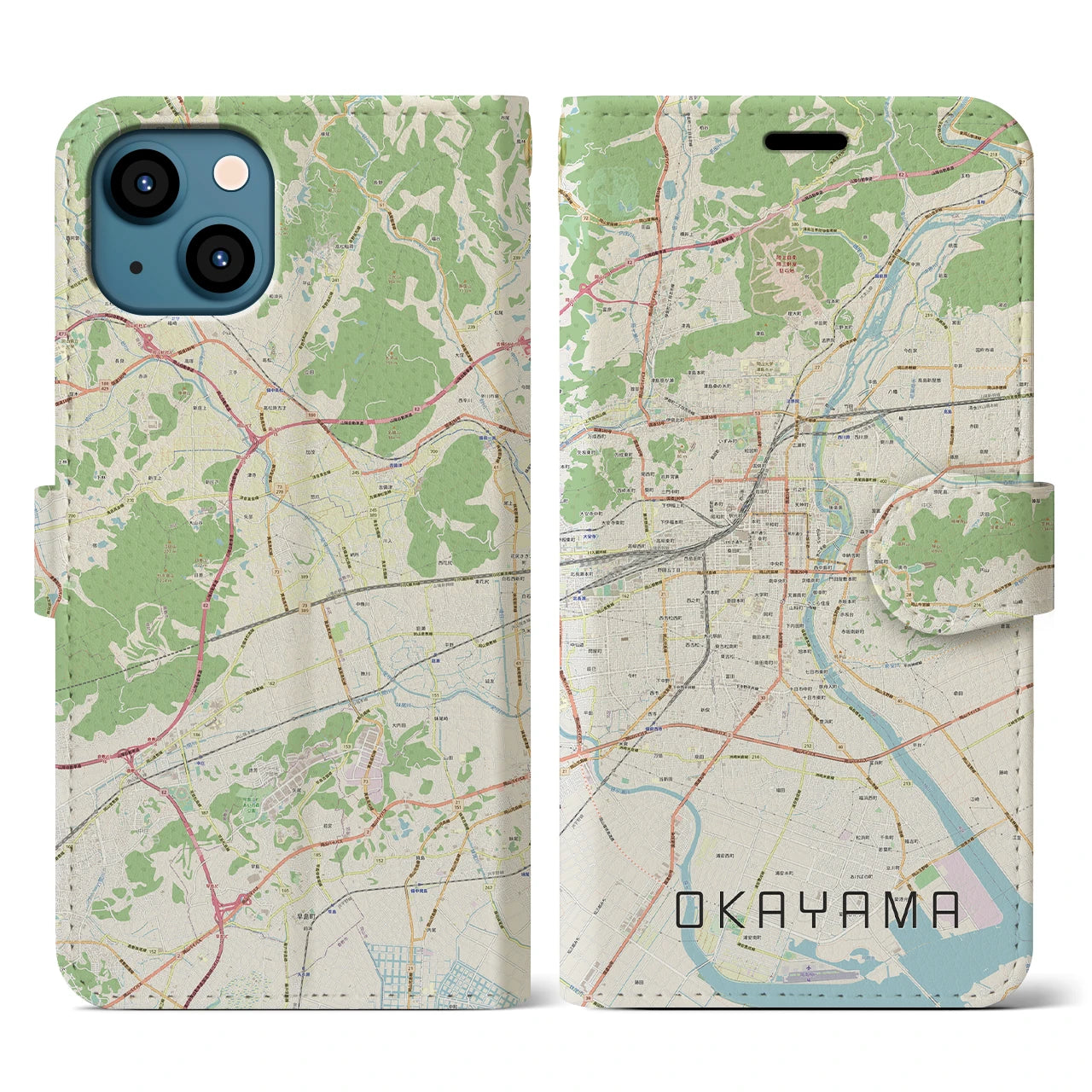 【岡山】地図柄iPhoneケース（手帳両面タイプ・ナチュラル）iPhone 13 用
