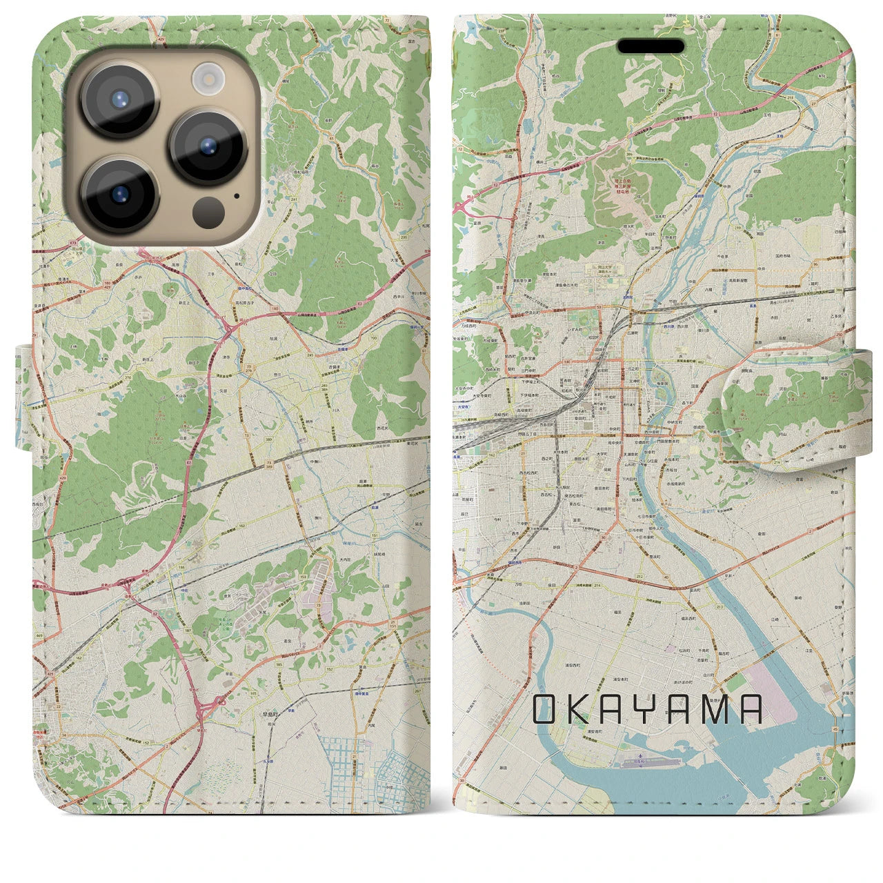 【岡山】地図柄iPhoneケース（手帳両面タイプ・ナチュラル）iPhone 14 Pro Max 用