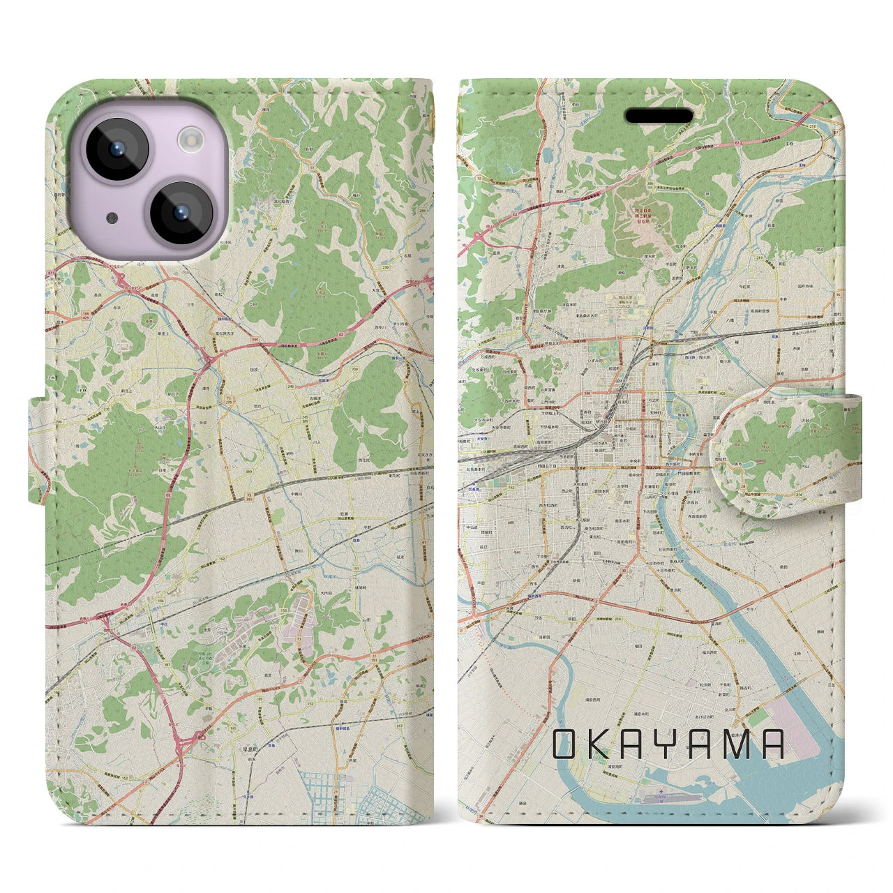 【岡山】地図柄iPhoneケース（手帳両面タイプ・ナチュラル）iPhone 14 用