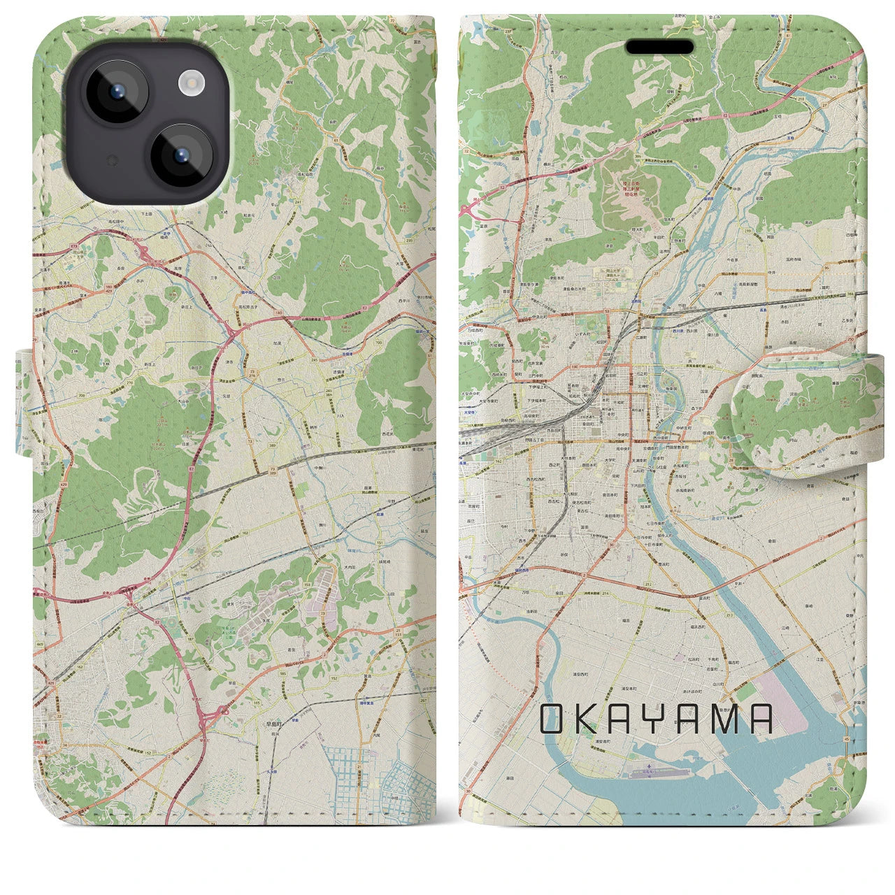 【岡山】地図柄iPhoneケース（手帳両面タイプ・ナチュラル）iPhone 14 Plus 用