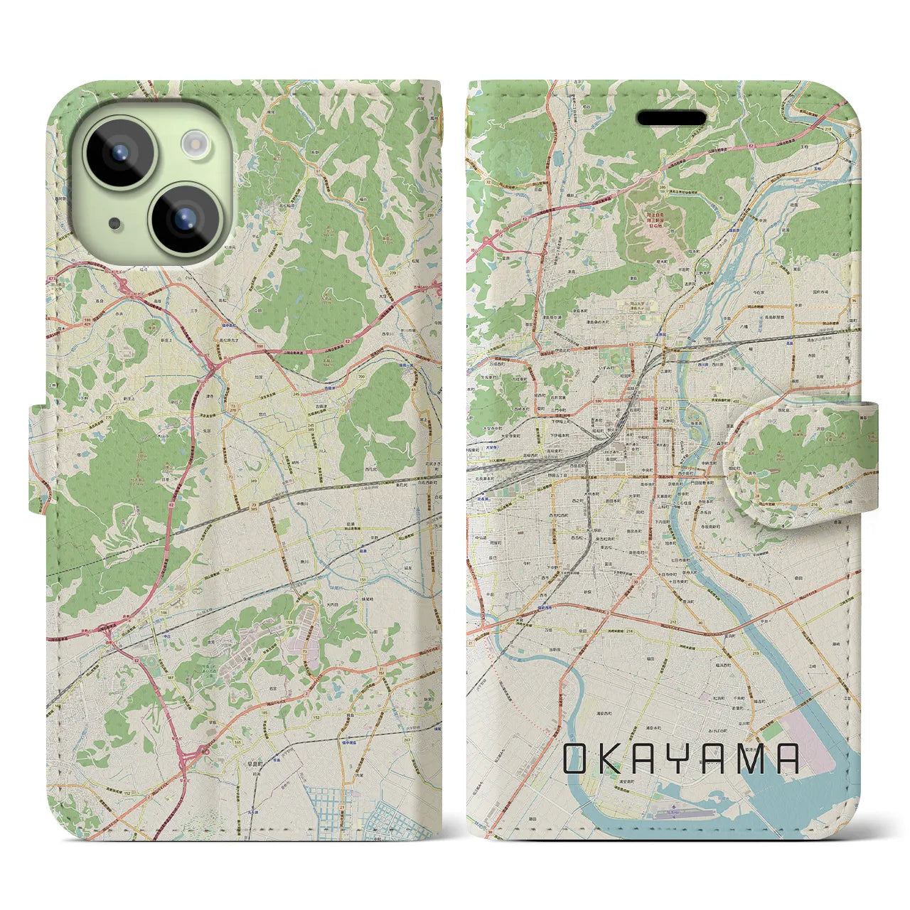 【岡山】地図柄iPhoneケース（手帳両面タイプ・ナチュラル）iPhone 15 用